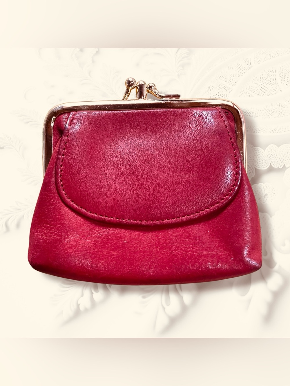 Vintage Soft Red Quality Leather Double Kiss Lock & Flap Coin Purse Small Wallet